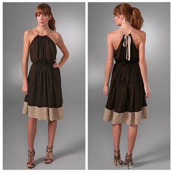 Robert Rodriguez Black Beige Silk Sleeveless Halter Cocktail Dress Size 8 - Picture 1 of 13